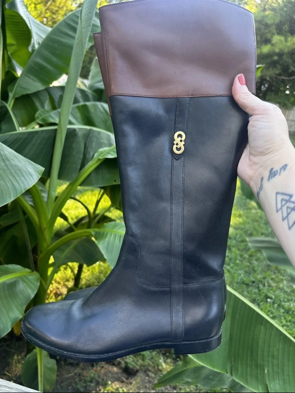 Cole Haan Leather Black And Brown Knee High Riding Boots Size 6.5B